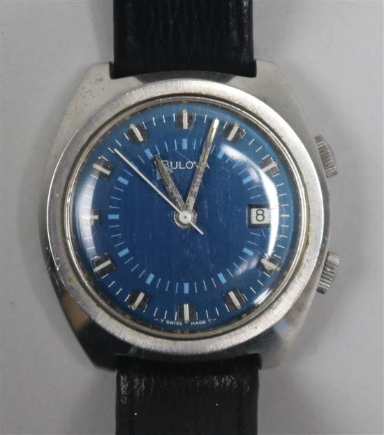 A gentlemans early 1970s stainless steel Bulova alarm wrist watch,